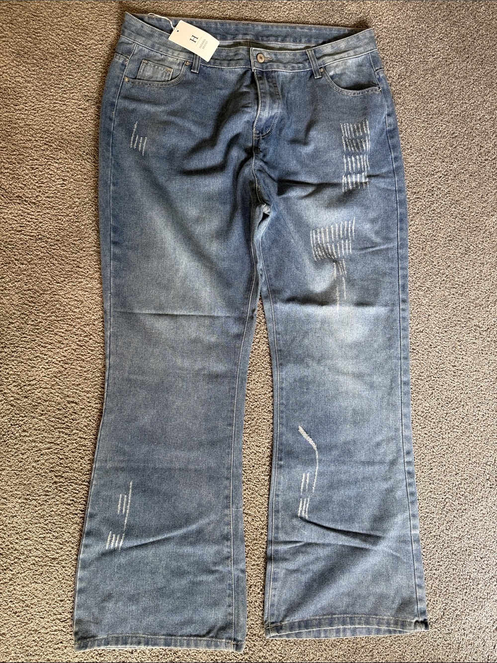 Blue Distressed Wide-Leg Denim Jeans. Classic Light Wash. Size XXL